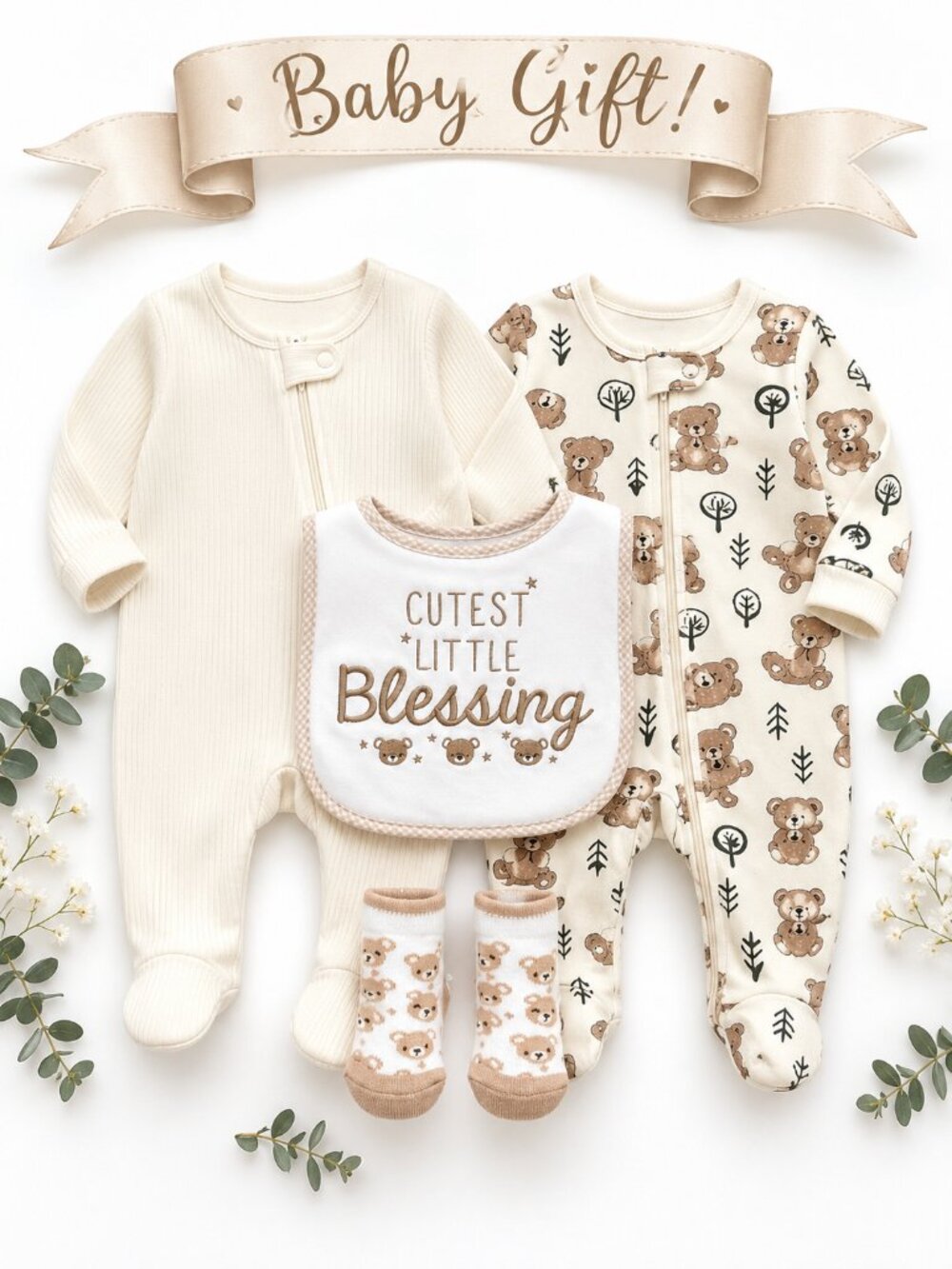 NWT Baby Essentials Baby Gift Set 2 Footed Sleepers Bib & Bear Socks Neutral